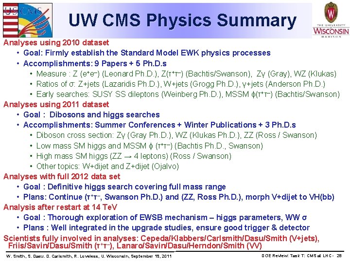 UW CMS Physics Summary Analyses using 2010 dataset • Goal: Firmly establish the Standard