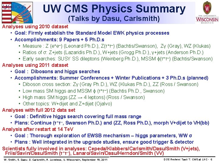 UW CMS Physics Summary (Talks by Dasu, Carlsmith) Analyses using 2010 dataset • Goal: