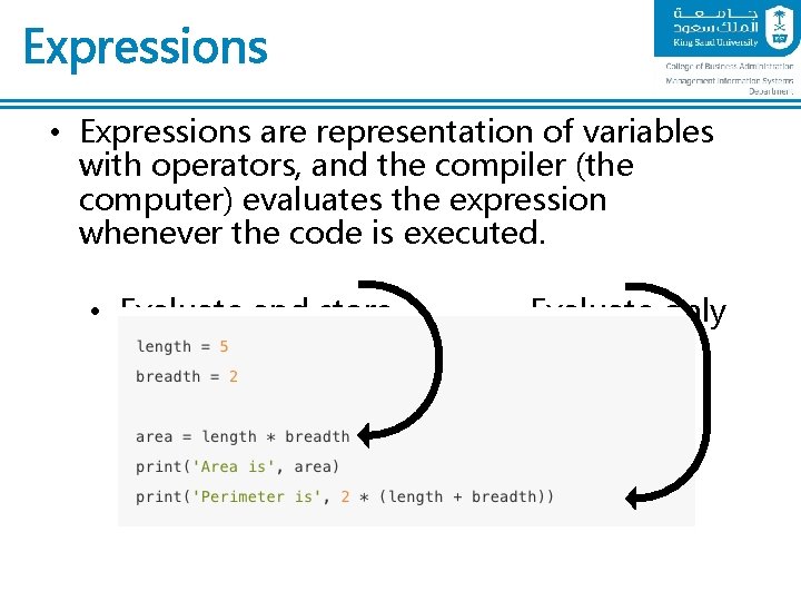 Expressions • Expressions are representation of variables with operators, and the compiler (the computer)