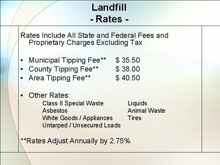 Landfill - Rates Include All State and Federal Fees and Proprietary Charges Excluding Tax