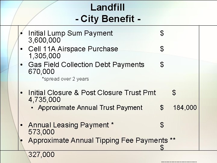 Landfill - City Benefit • Initial Lump Sum Payment 3, 600, 000 • Cell