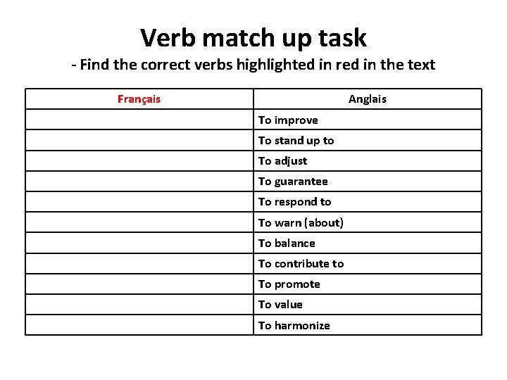 Verb match up task - Find the correct verbs highlighted in red in the