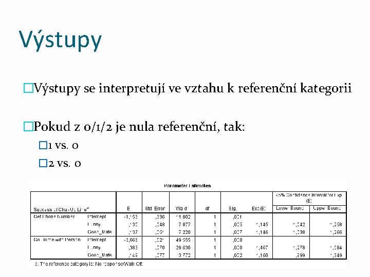 Výstupy �Výstupy se interpretují ve vztahu k referenční kategorii �Pokud z 0/1/2 je nula