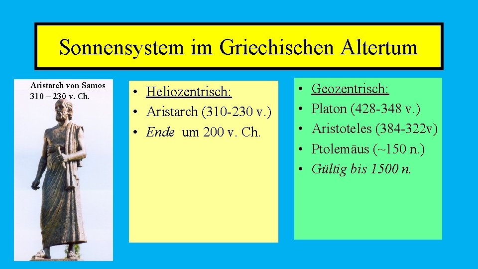 Sonnensystem im Griechischen Altertum Aristarch von Samos 310 – 230 v. Ch. • Heliozentrisch:
