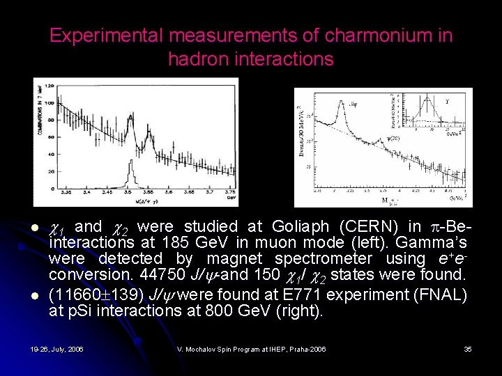 Experimental measurements of charmonium in hadron interactions l l 1 and 2 were studied