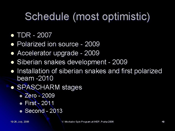 Schedule (most optimistic) l l l TDR - 2007 Polarized ion source - 2009