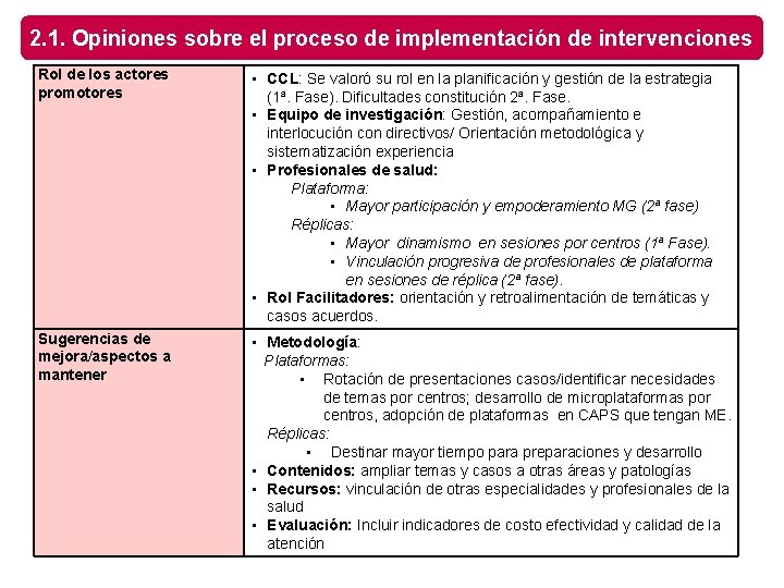 2. 1. Opiniones sobre el proceso de implementación de intervenciones Rol de los actores