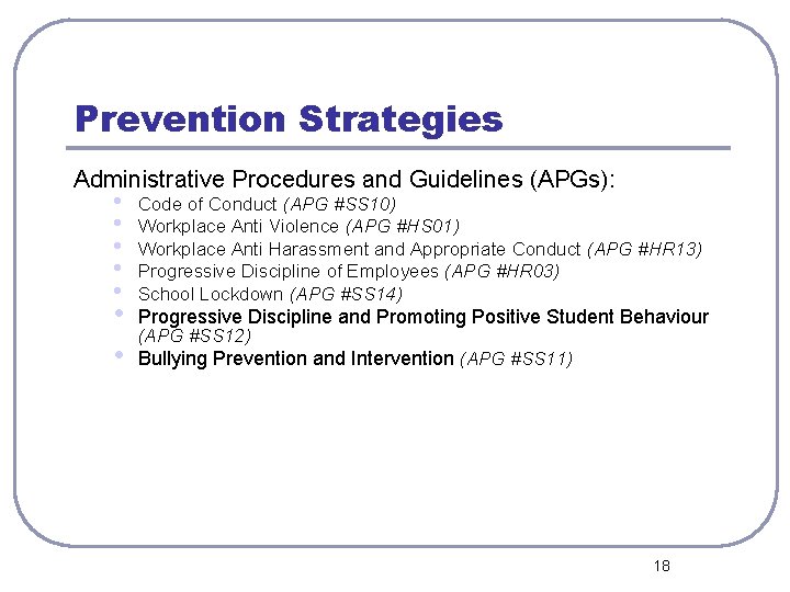 Prevention Strategies Administrative Procedures and Guidelines (APGs): • • Code of Conduct (APG #SS