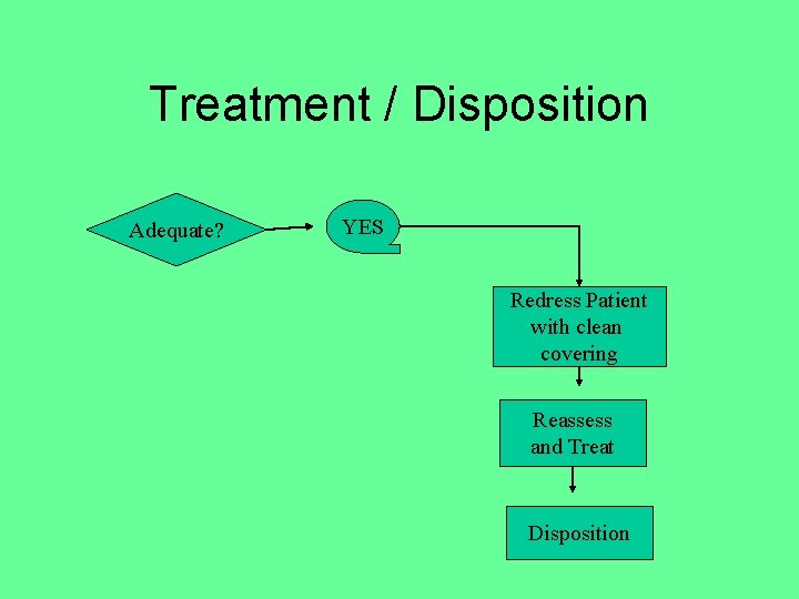 Treatment / Disposition Adequate? YES Redress Patient with clean covering Reassess and Treat Disposition