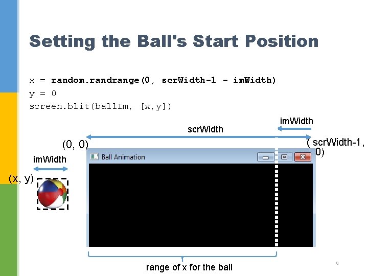 Setting the Ball's Start Position x = random. randrange(0, scr. Width-1 - im. Width)