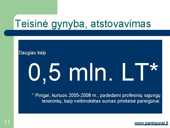 Teisinė gynyba, atstovavimas Daugiau kaip 0, 5 mln. LT* * Pinigai, kuriuos 2005 -2008