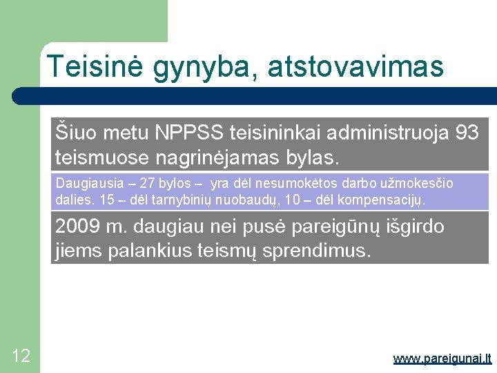 Teisinė gynyba, atstovavimas Šiuo metu NPPSS teisininkai administruoja 93 teismuose nagrinėjamas bylas. Daugiausia –