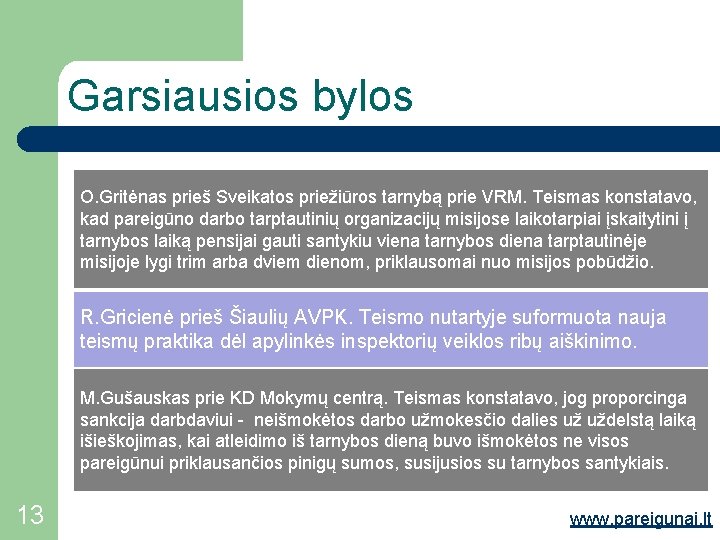 Garsiausios bylos O. Gritėnas prieš Sveikatos priežiūros tarnybą prie VRM. Teismas konstatavo, kad pareigūno