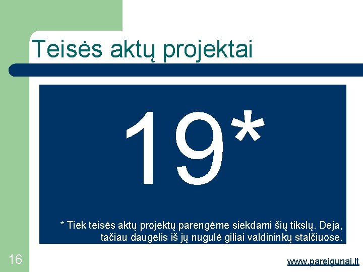 Teisės aktų projektai 19* * Tiek teisės aktų projektų parengėme siekdami šių tikslų. Deja,