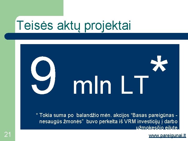 Teisės aktų projektai 9 mln LT* * Tokia suma po balandžio mėn. akcijos “Basas