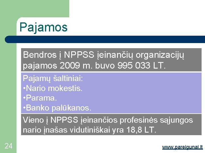 Pajamos Bendros į NPPSS įeinančių organizacijų pajamos 2009 m. buvo 995 033 LT. Pajamų