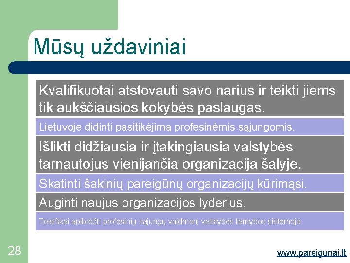 Mūsų uždaviniai Kvalifikuotai atstovauti savo narius ir teikti jiems tik aukščiausios kokybės paslaugas. Lietuvoje