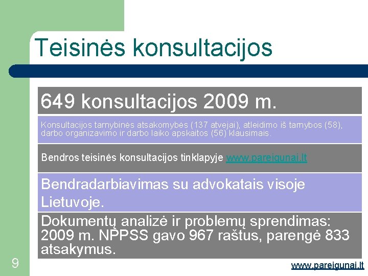 Teisinės konsultacijos 649 konsultacijos 2009 m. Konsultacijos tarnybinės atsakomybės (137 atvejai), atleidimo iš tarnybos