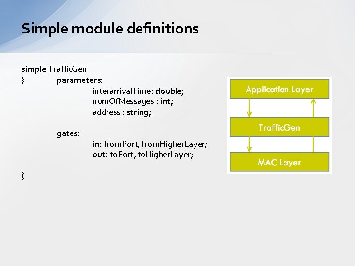 Simple module definitions simple Traffic. Gen { parameters: interarrival. Time: double; num. Of. Messages