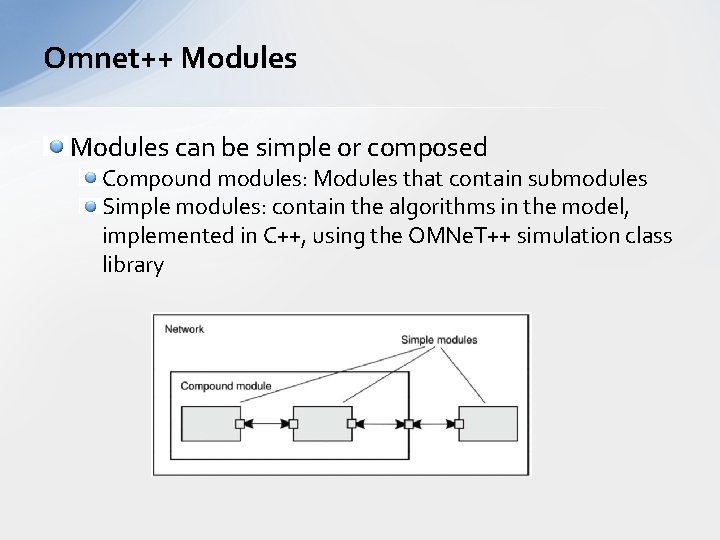 Omnet++ Modules can be simple or composed Compound modules: Modules that contain submodules Simple