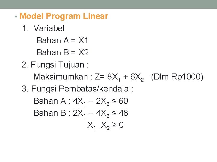  • Model Program Linear 1. Variabel Bahan A = X 1 Bahan B