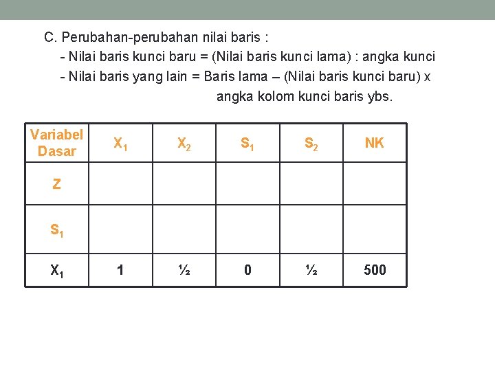 C. Perubahan-perubahan nilai baris : - Nilai baris kunci baru = (Nilai baris kunci