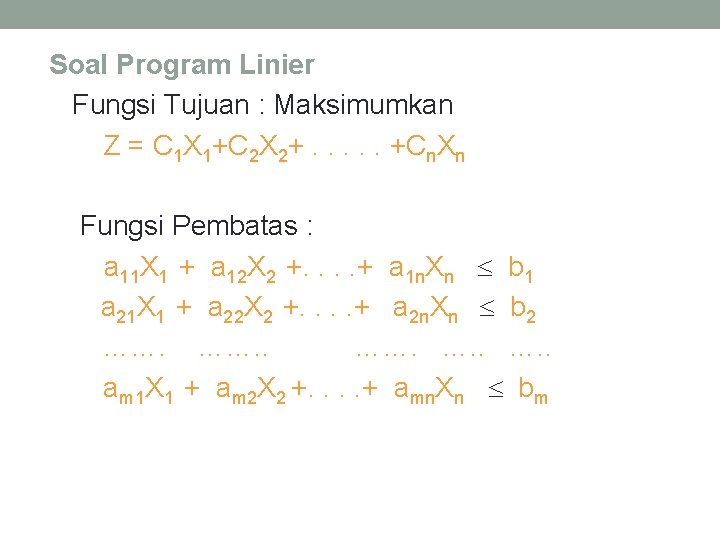 Soal Program Linier Fungsi Tujuan : Maksimumkan Z = C 1 X 1+C 2