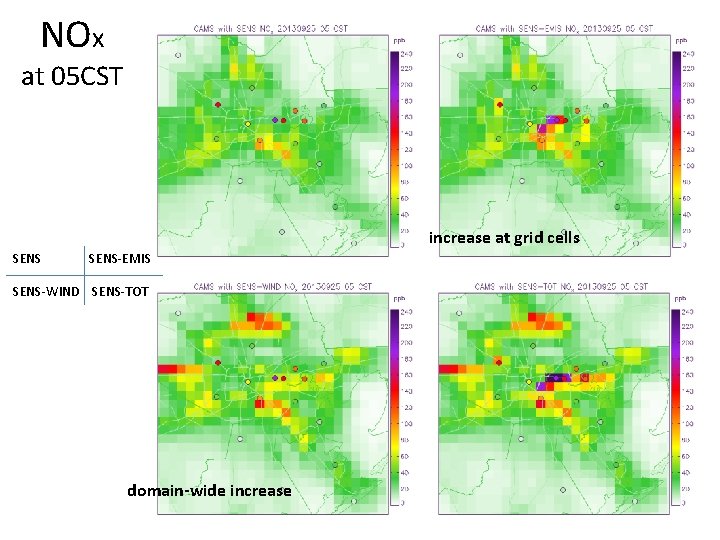 NOx at 05 CST increase at grid cells SENS-EMIS SENS-WIND SENS-TOT domain-wide increase 