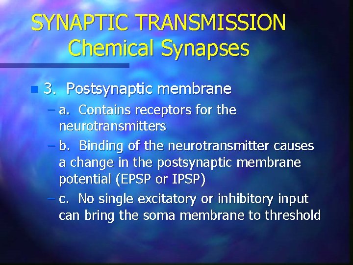 SYNAPTIC TRANSMISSION Chemical Synapses n 3. Postsynaptic membrane – a. Contains receptors for the