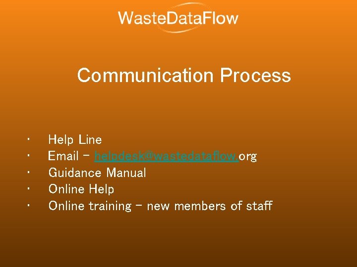 Communication Process • • • Help Line Email – helpdesk@wastedataflow. org Guidance Manual Online