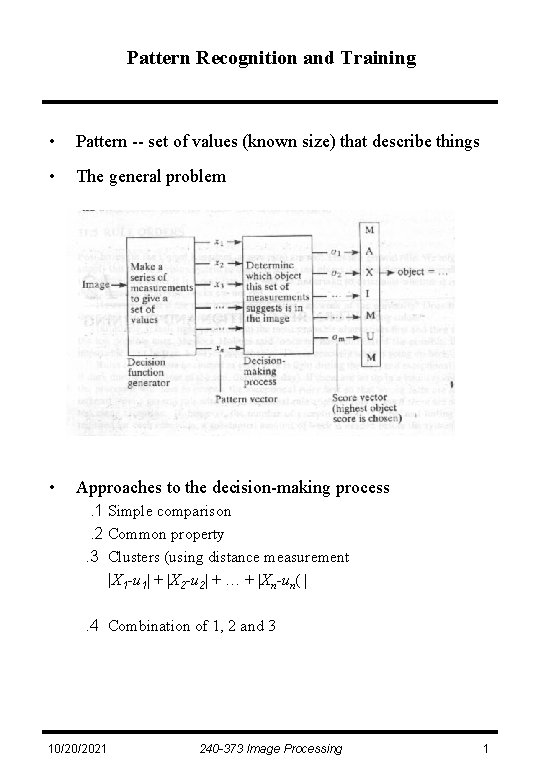 Pattern Recognition and Training • Pattern -- set of values (known size) that describe