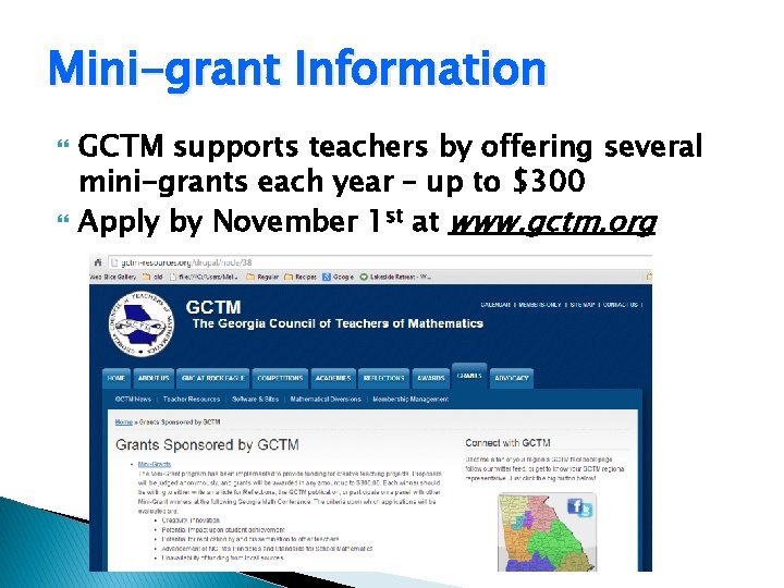 Mini-grant Information GCTM supports teachers by offering several mini-grants each year – up to