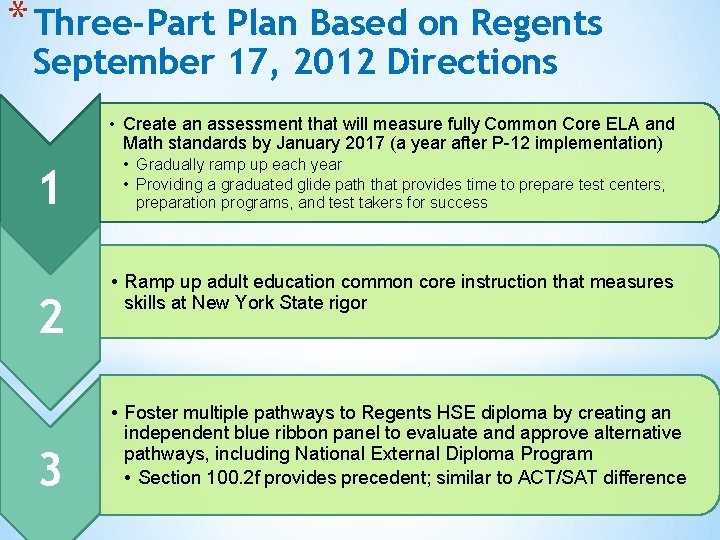 * Three-Part Plan Based on Regents September 17, 2012 Directions • Create an assessment