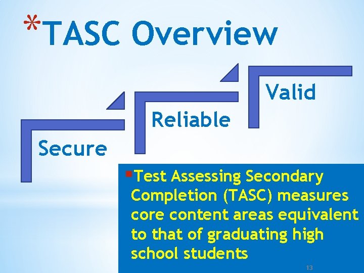 *TASC Overview Valid Reliable Secure §Test Assessing Secondary Completion (TASC) measures core content areas