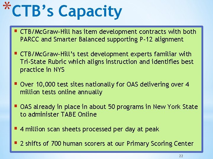 *CTB’s Capacity § CTB/Mc. Graw-Hill has item development contracts with both PARCC and Smarter