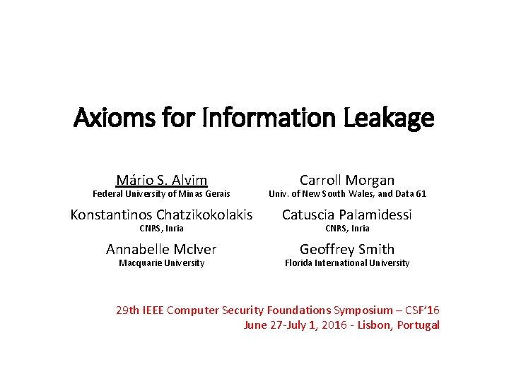 Axioms for Information Leakage Mário S. Alvim Carroll Morgan Federal University of Minas Gerais