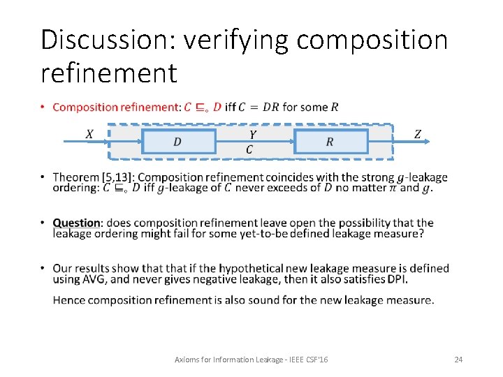 Discussion: verifying composition refinement • Axioms for Information Leakage - IEEE CSF'16 24 Discussion: verifying composition refinement • Axioms for Information Leakage - IEEE CSF'16 24