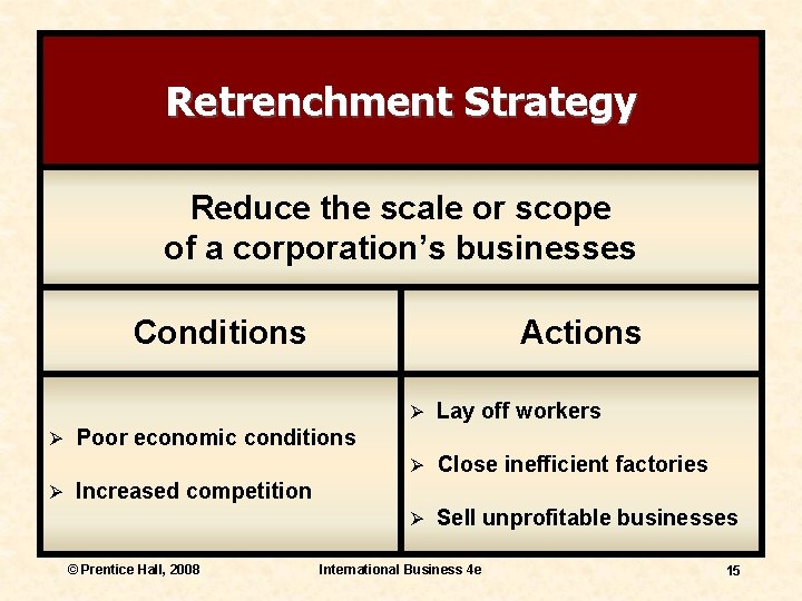 Retrenchment Strategy Reduce the scale or scope of a corporation’s businesses Conditions Actions Ø