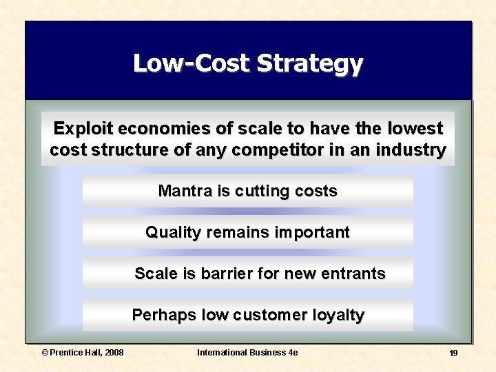 Low-Cost Strategy Exploit economies of scale to have the lowest cost structure of any