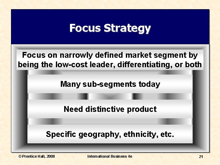 Focus Strategy Focus on narrowly defined market segment by being the low-cost leader, differentiating,