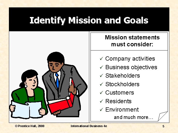 Identify Mission and Goals Mission statements must consider: Company activities ü Business objectives ü