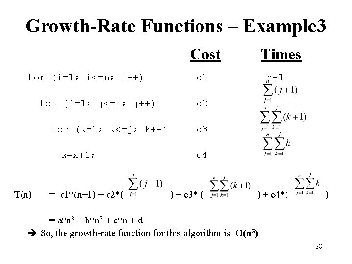 Growth-Rate Functions – Example 3 Cost for (i=1; i<=n; i++) for (j=1; j<=i; j++)