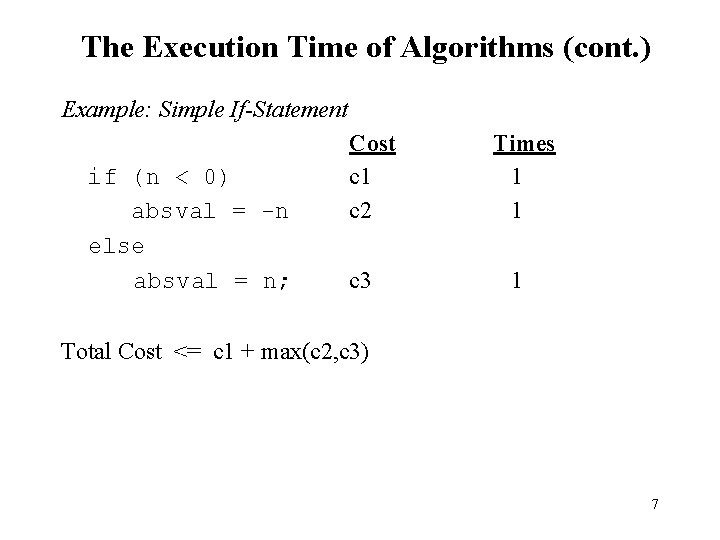 The Execution Time of Algorithms (cont. ) Example: Simple If-Statement if (n < 0)