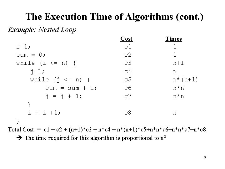 The Execution Time of Algorithms (cont. ) Example: Nested Loop Cost c 1 c