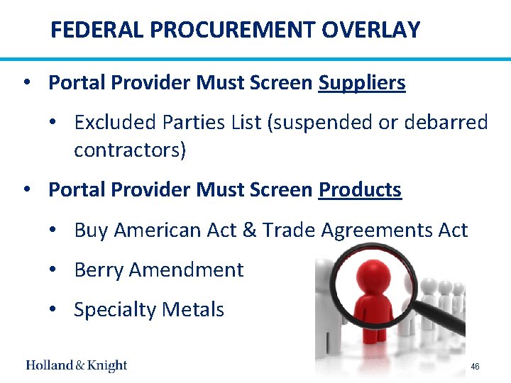 FEDERAL PROCUREMENT OVERLAY • Portal Provider Must Screen Suppliers • Excluded Parties List (suspended