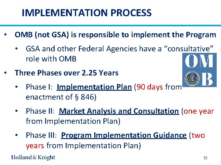 IMPLEMENTATION PROCESS • OMB (not GSA) is responsible to implement the Program • GSA