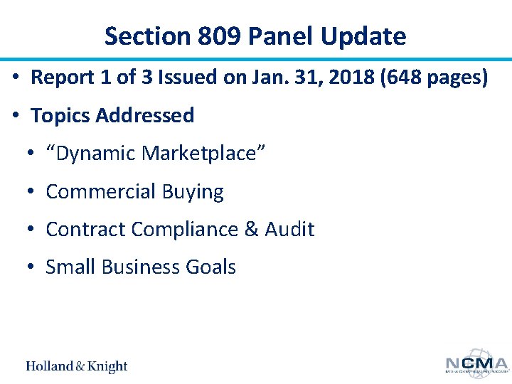 Section 809 Panel Update • Report 1 of 3 Issued on Jan. 31, 2018