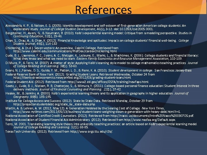 References Alessandria, K. P. , & Nelson, E. S. (2005). Identity development and self-esteem