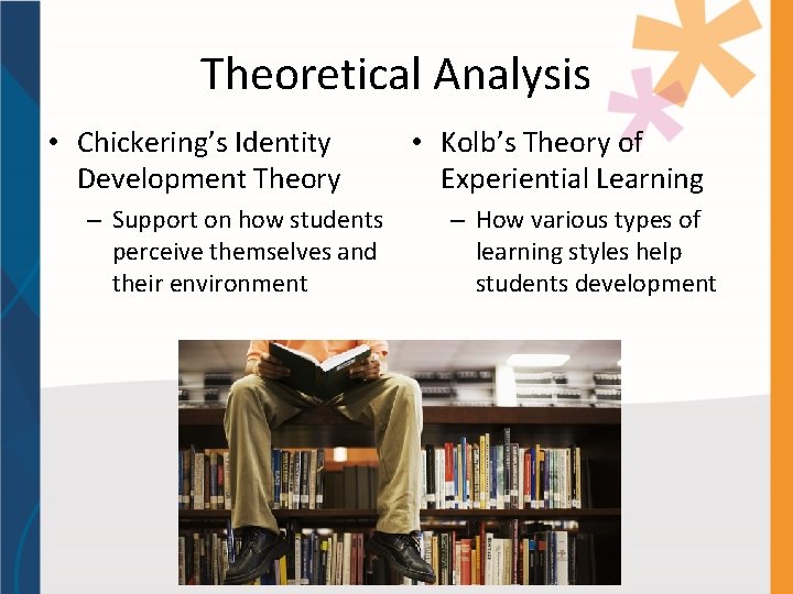 Theoretical Analysis • Chickering’s Identity Development Theory – Support on how students perceive themselves