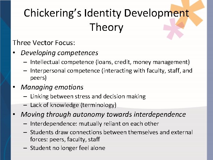 Chickering’s Identity Development Theory Three Vector Focus: • Developing competences – Intellectual competence (loans,